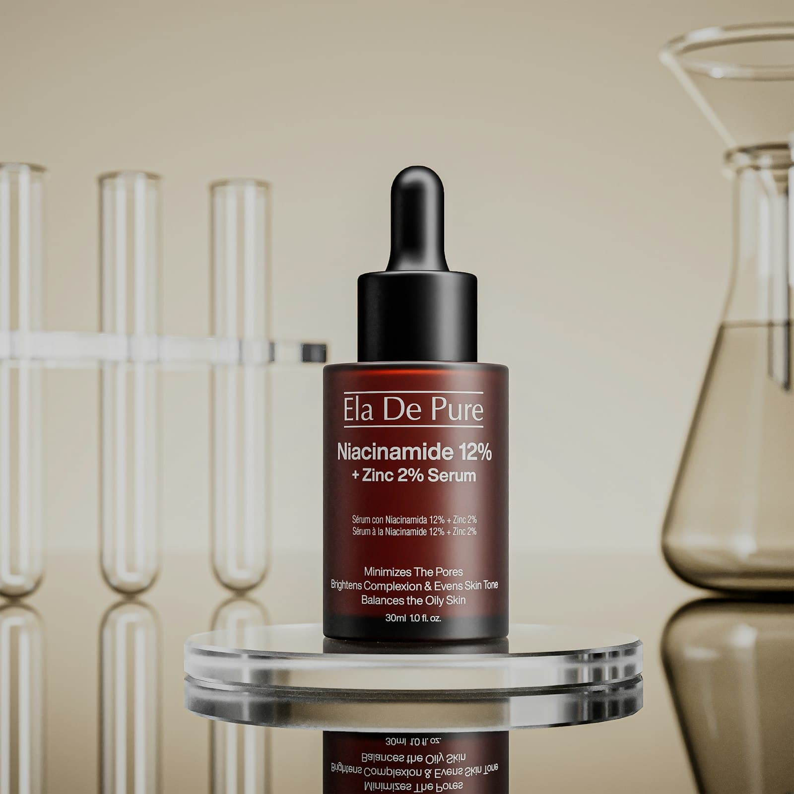 Skincare serum with lab equipment